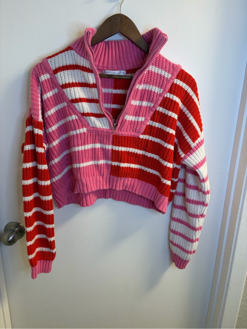 Altar’d State Pink Red Striped Quarter Zip Sweater M Cropped Colorblock Knit - Picture 6 of 15
